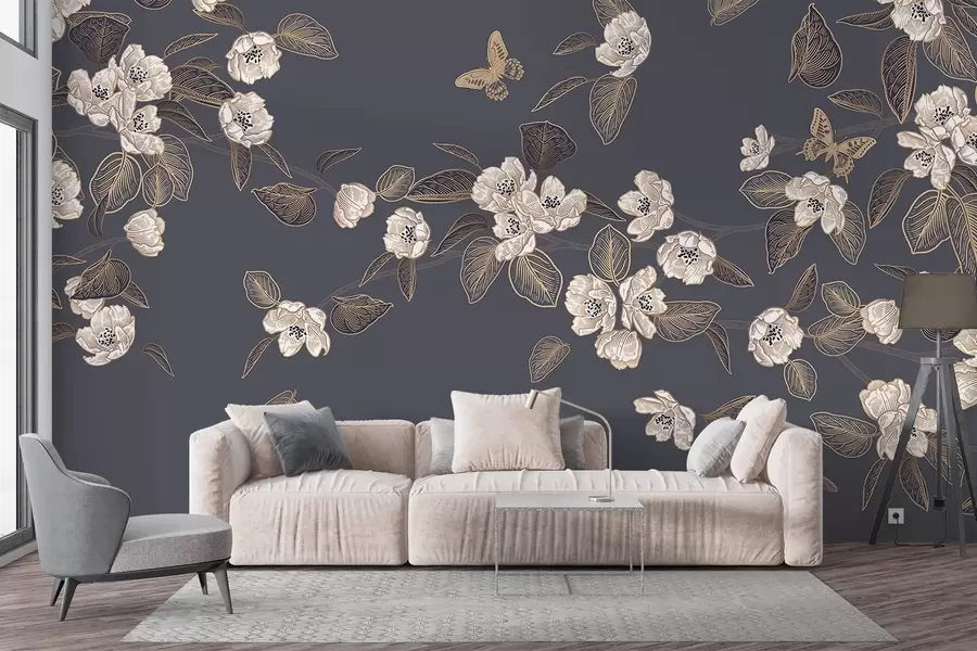 Wall Mural Photo Wallpaper Cherry tree blossom branch with flowers, leaves, butterflies  on a dark gray background w08830