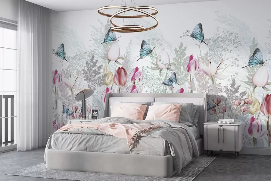 murales Estampado en tonos pastel con flores de tulipán, hierba y mariposas volando en un jardín w08834