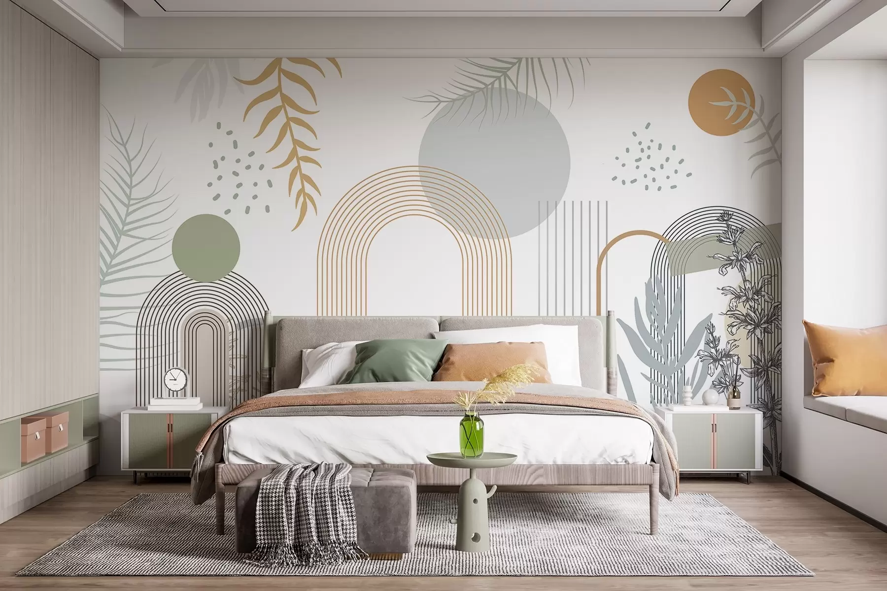 Wall Mural Photo Wallpaper Abstract print with geometric shapes, arches and tropical leaves on a white background w08835
