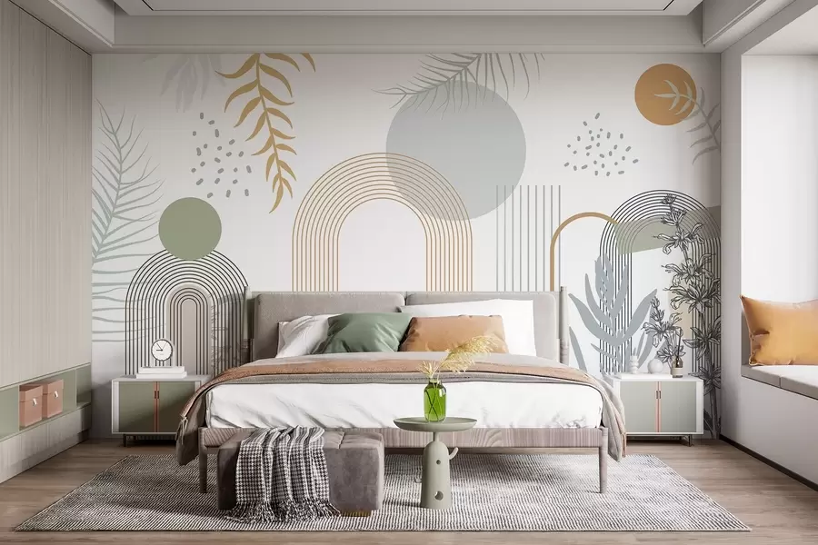 Wall Mural Photo Wallpaper Abstract print with geometric shapes, arches and tropical leaves on a white background w08835