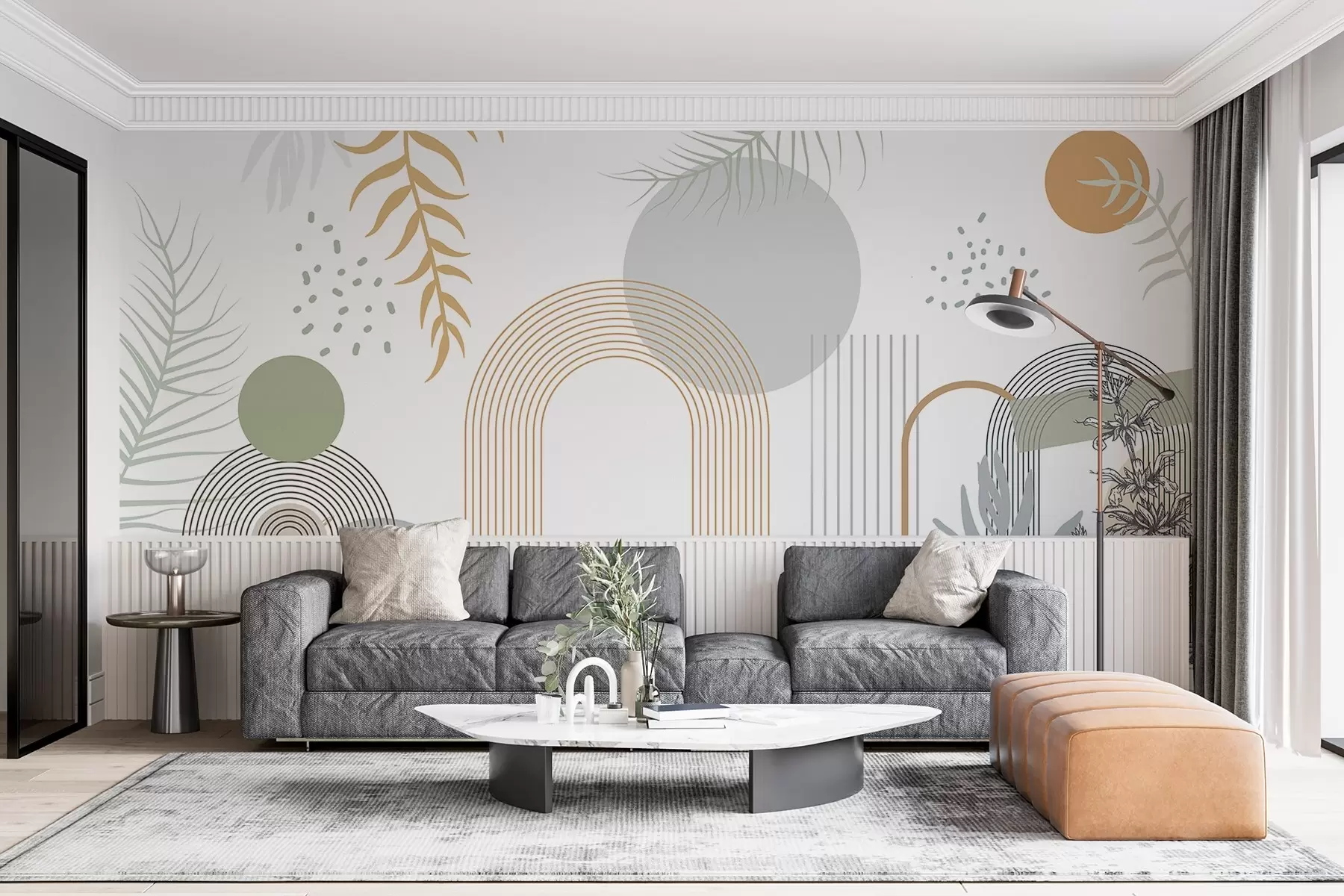 Wall Mural Photo Wallpaper Abstract print with geometric shapes, arches and tropical leaves on a white background w08835