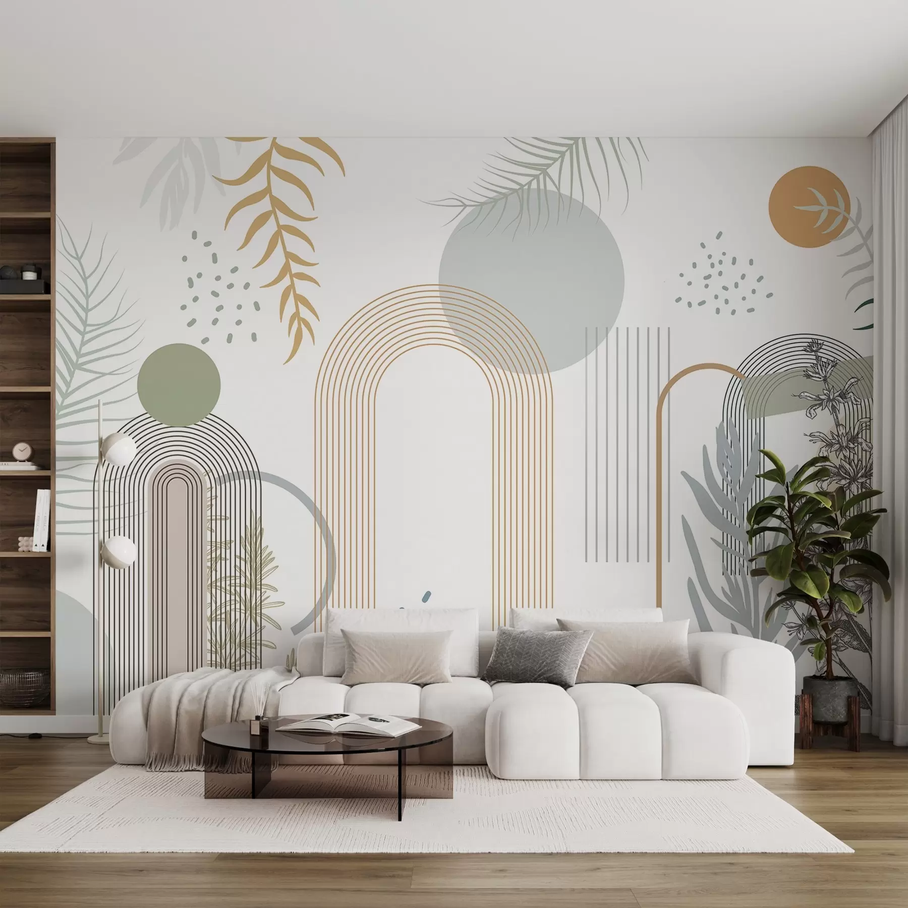 Wall Mural Photo Wallpaper Abstract print with geometric shapes, arches and tropical leaves on a white background w08835