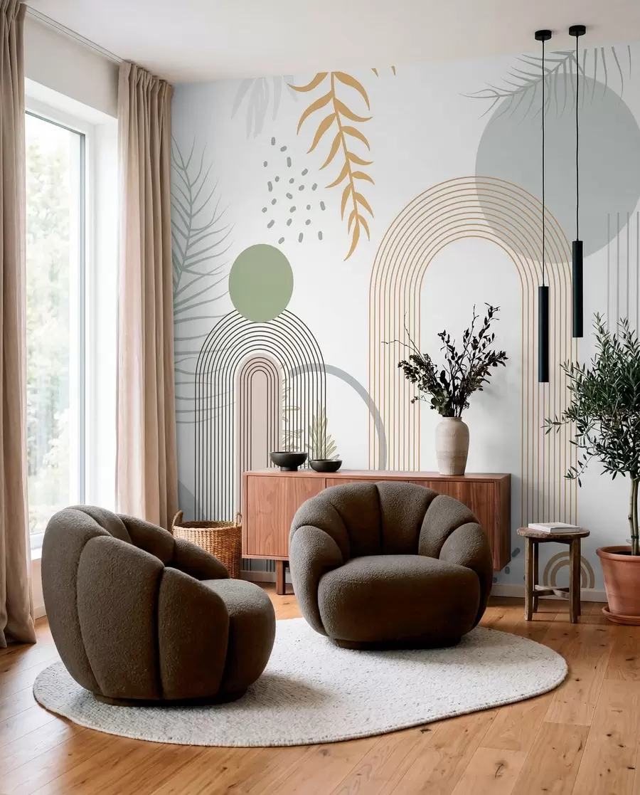 Wall Mural Photo Wallpaper Abstract print with geometric shapes, arches and tropical leaves on a white background w08835
