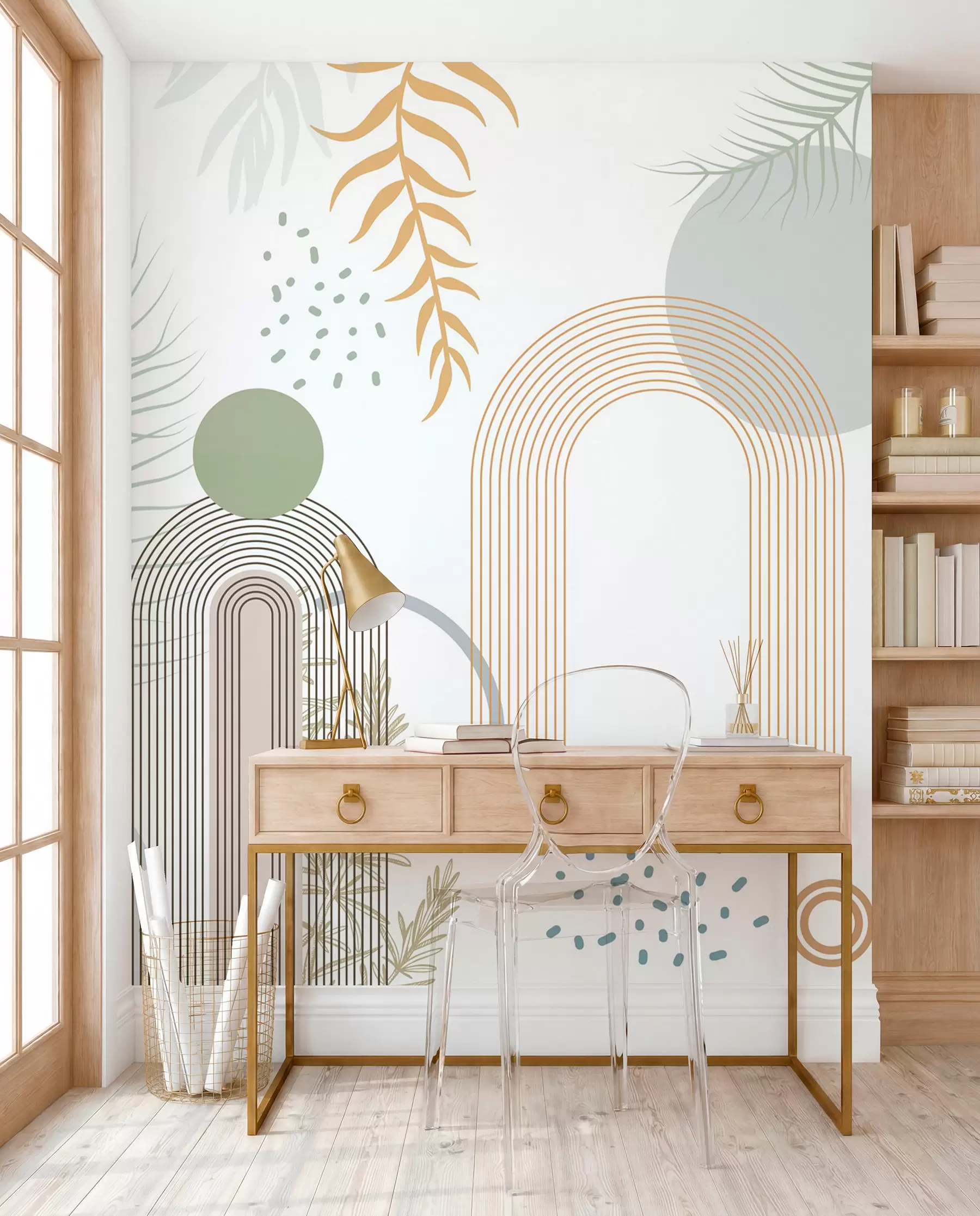 peintures murales Impression abstraite avec des formes géométriques, des arcs et des feuilles tropicales sur fond blanc w08835