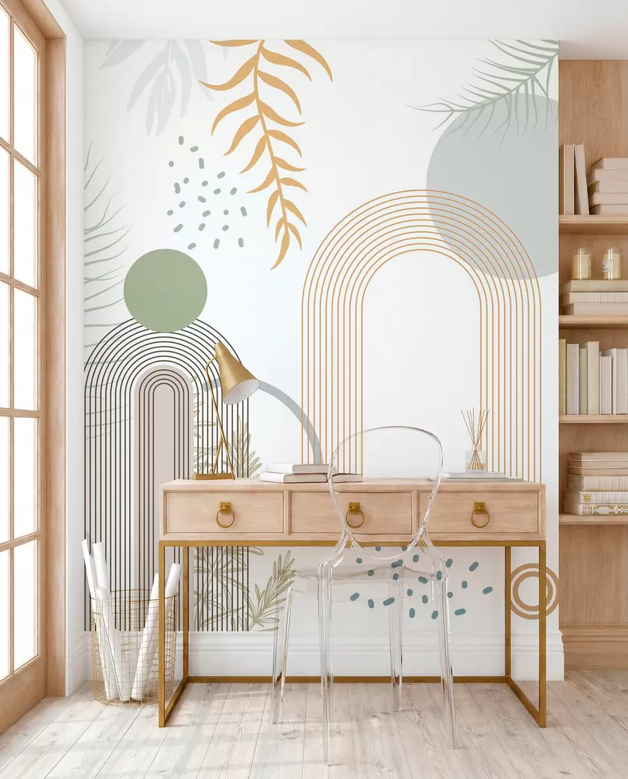 wall murals Abstract print with geometric shapes, arches and tropical leaves on a white background w08835