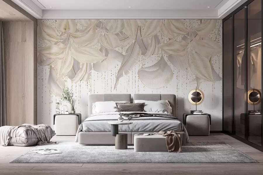 murales Textura de hojas tropicales detalladas en blanco y puntos amarillos sobre fondo blanco w08836