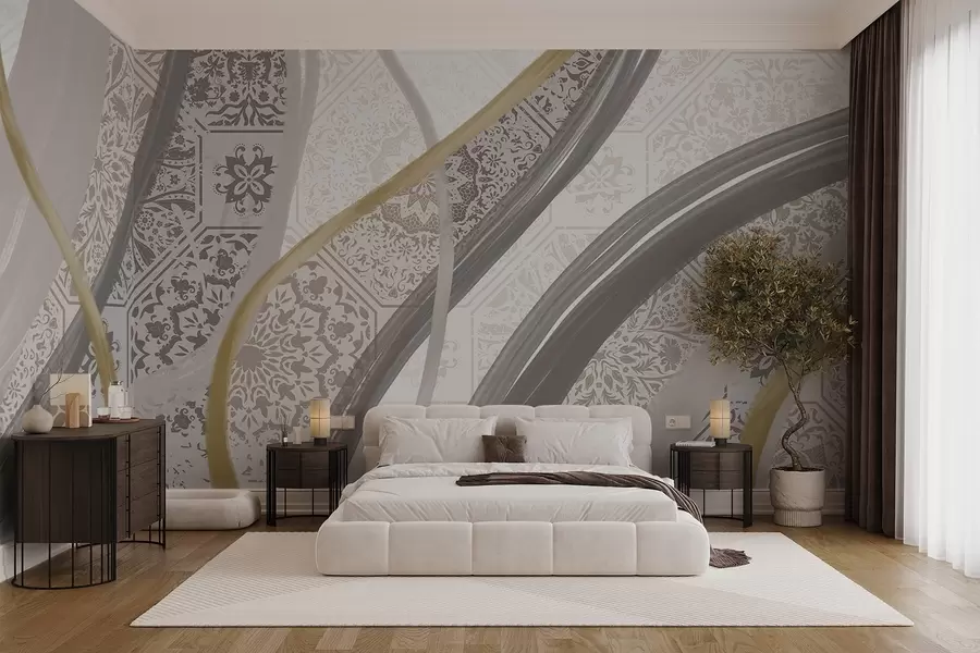Wall Mural Photo Wallpaper Abstract painting with geometric patterns and curved lines in beige, gray and yellow colors w08837