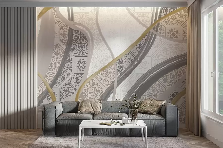 Wall Mural Photo Wallpaper Abstract painting with geometric patterns and curved lines in beige, gray and yellow colors w08837