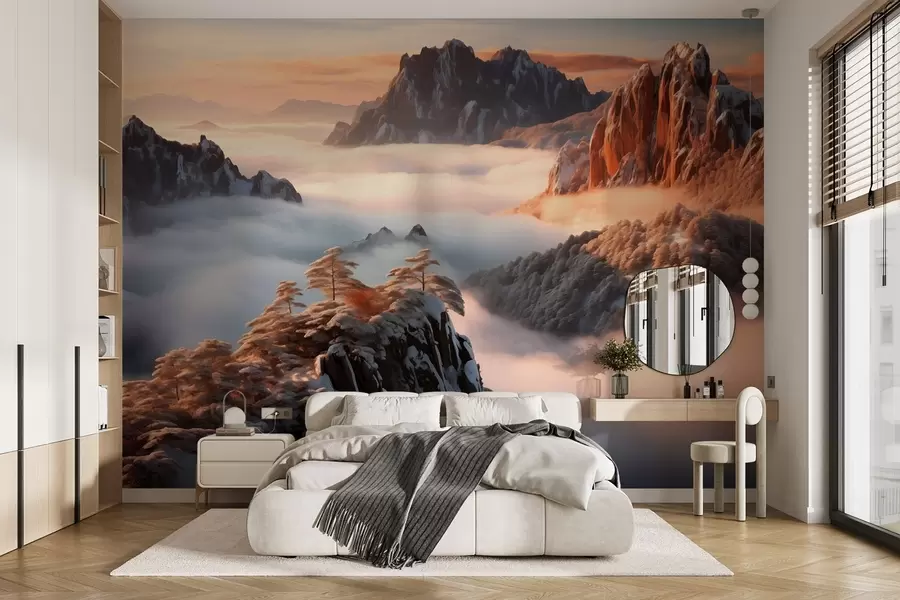 murales Encantador paisaje de montaña con niebla y árboles w08807