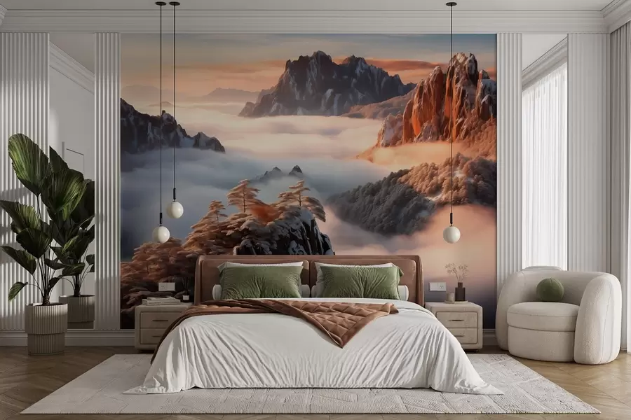 murales Encantador paisaje de montaña con niebla y árboles w08807