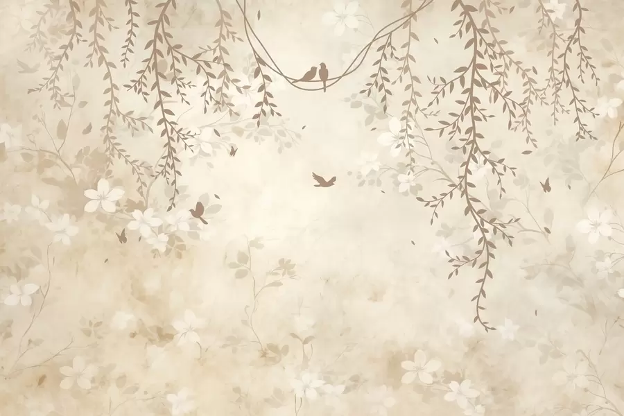 wall murals Birds with hanging plants and a floral pattern in light beige-cream tones w08809