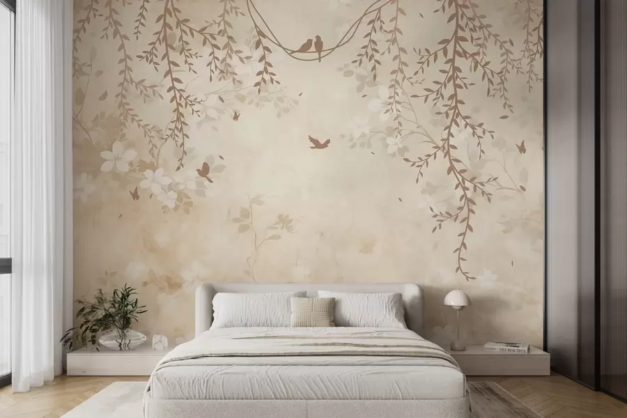 Wall Mural Photo Wallpaper Birds with hanging plants and a floral pattern in light beige-cream tones w08809