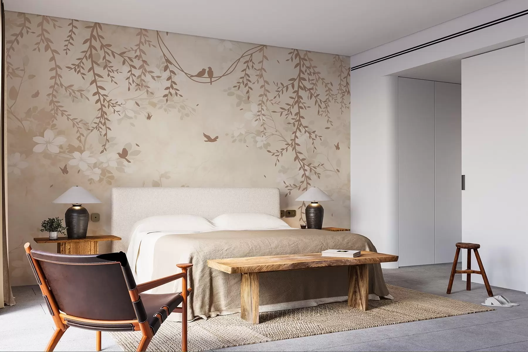 Wall Mural Photo Wallpaper Birds with hanging plants and a floral pattern in light beige-cream tones w08809