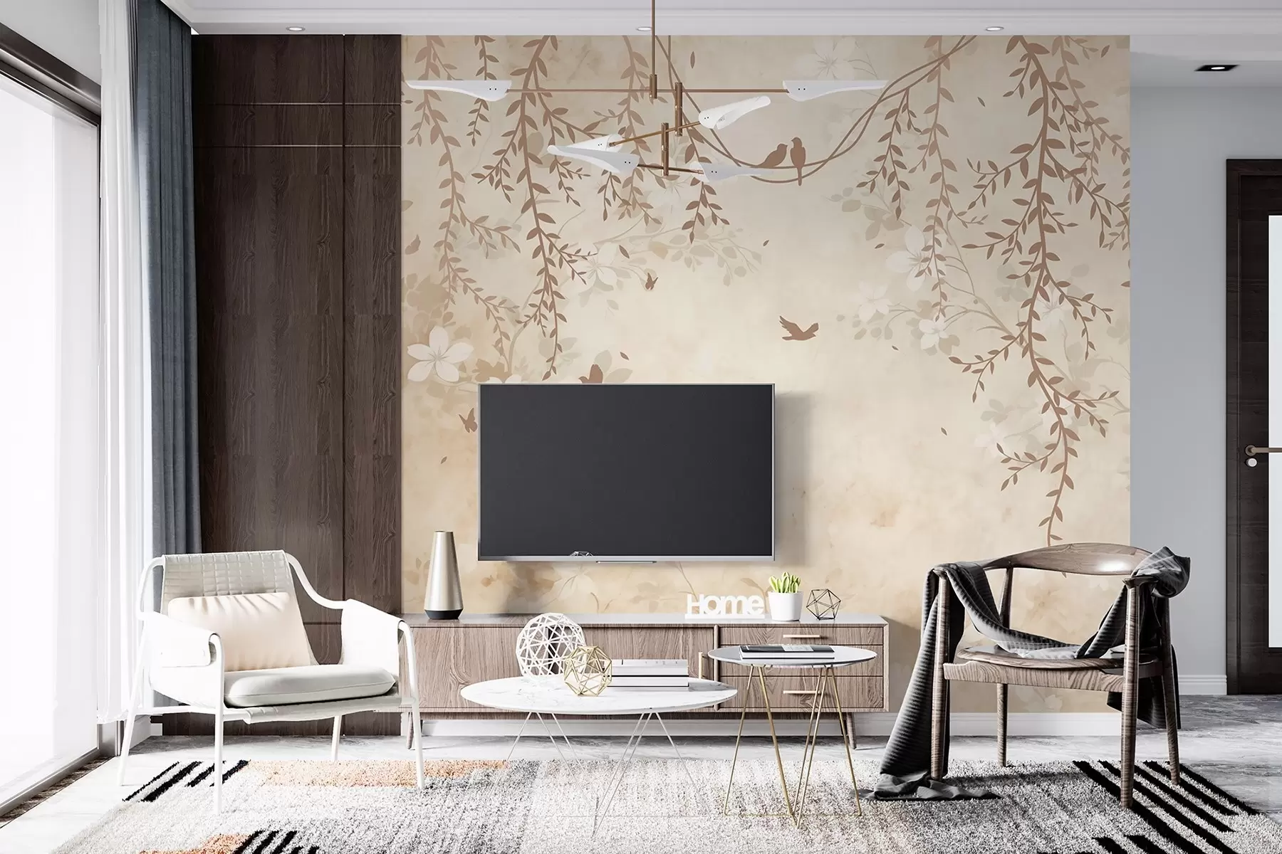 murales Pájaros con plantas colgantes y un motivo floral en tonos beige-crema claro w08809