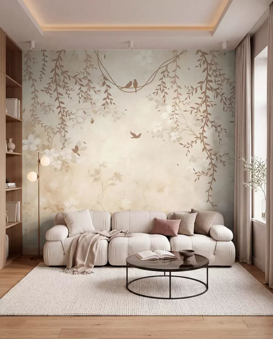 Wall Mural Photo Wallpaper Birds with hanging plants and a floral pattern in light beige-cream tones w08809