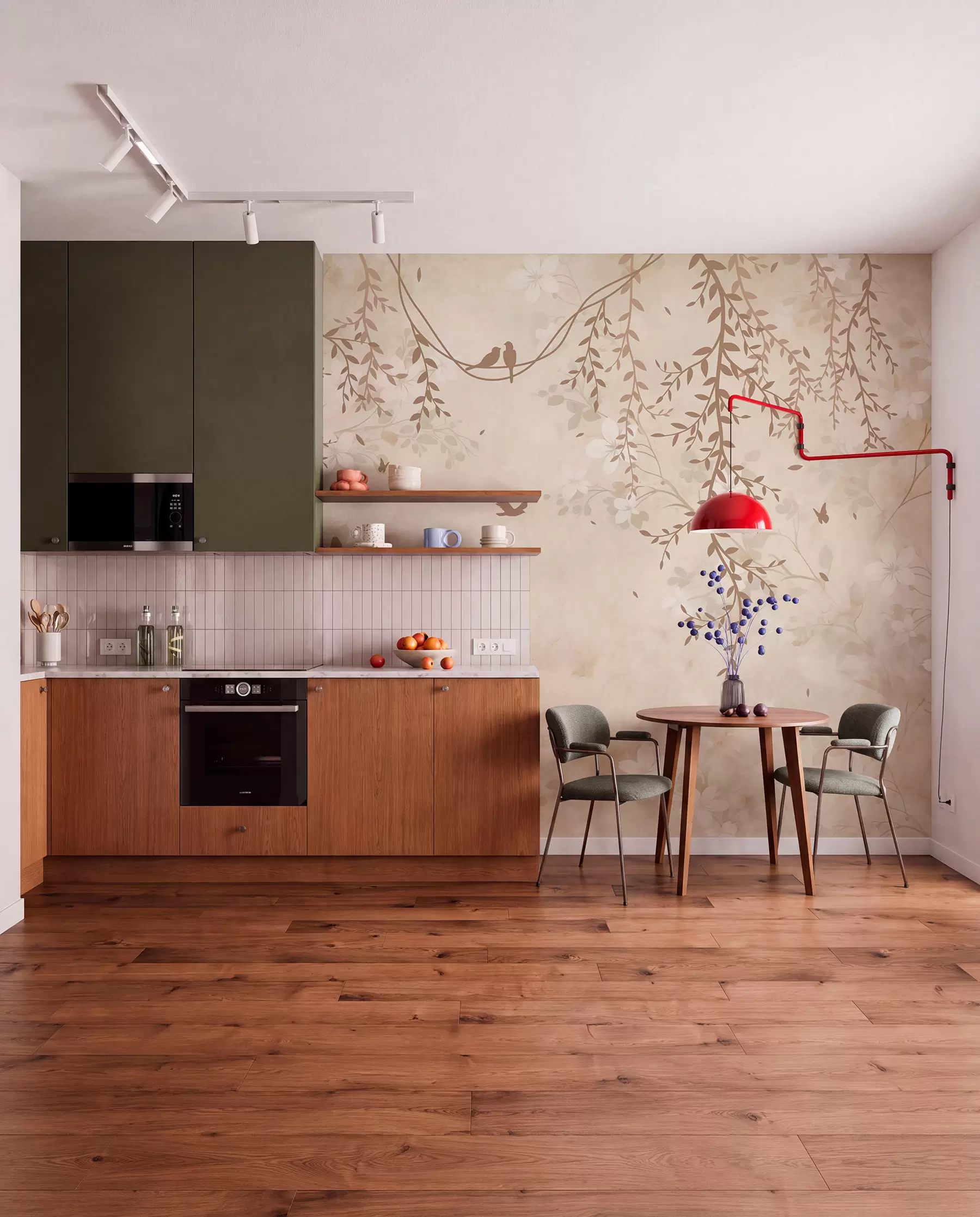 peintures murales Oiseaux avec plantes suspendues et motif floral dans les tons beige-crème clair w08809