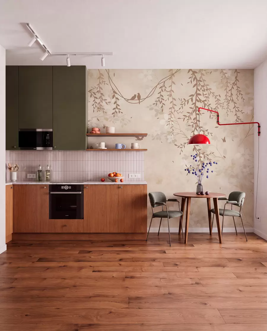 wall murals Birds with hanging plants and a floral pattern in light beige-cream tones w08809