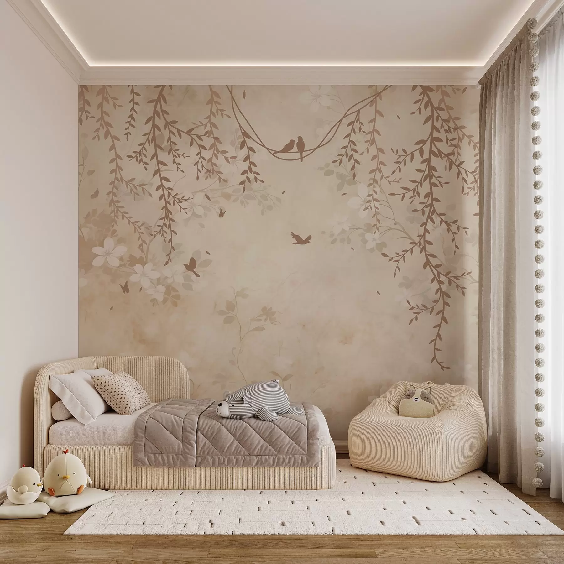 wall murals Birds with hanging plants and a floral pattern in light beige-cream tones w08809