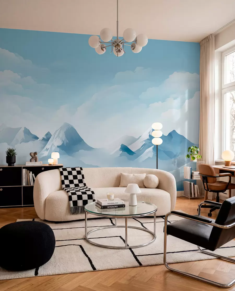 peintures murales Nuages bleus minimalistes et montagnes, temps glacial w08811