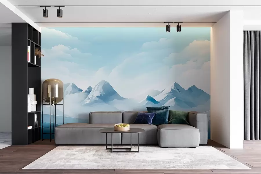 murales Nubes y montañas azules minimalistas, tiempo gélido w08811
