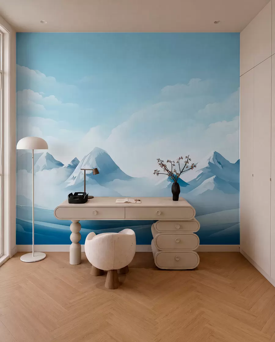 wall murals Minimalistic blue clouds and mountains, icy weather w08811