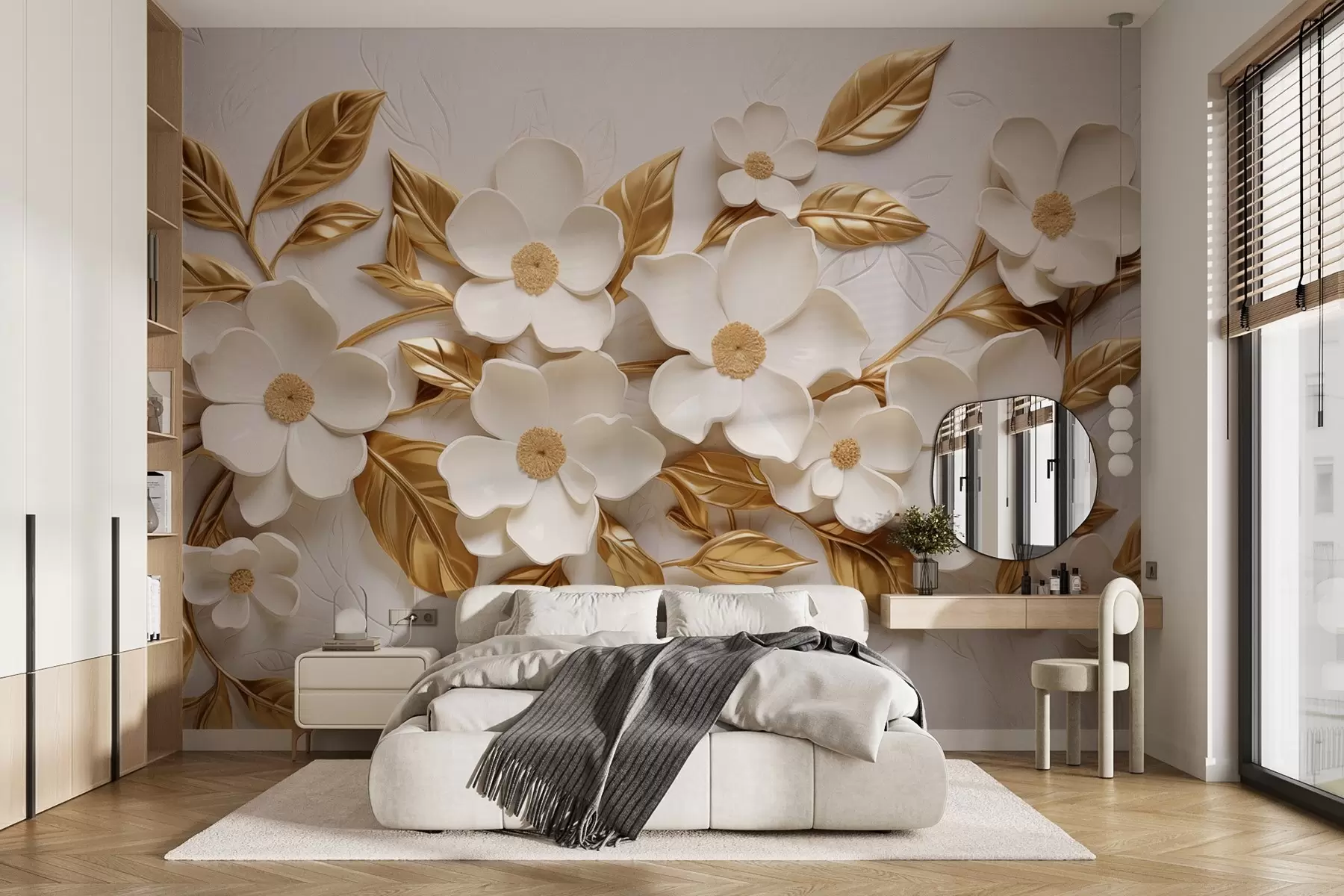wall murals 3D white flowers with yellow embossed leaves w08814