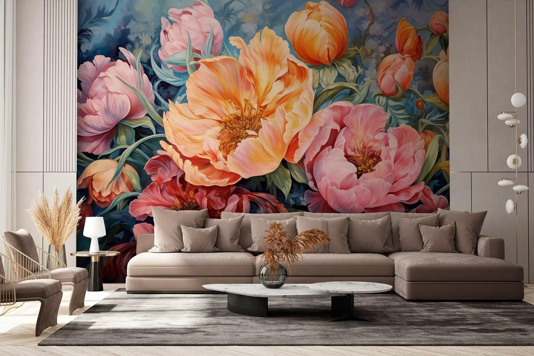 murais de parede Tulipas e peónias, uma composição floral em estilo pincelada a óleo w08817