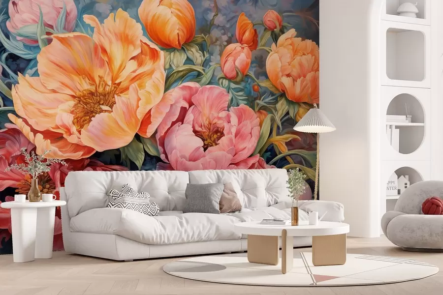 murales Tulipanes y peonías, una composición floral en estilo pincelada de óleo w08817