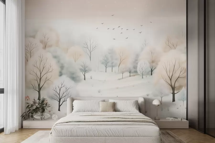 peintures murales Forêt d'hiver avec des arbres, des petites maisons, des oiseaux et de la neige dans un style aquarelle léger w08815