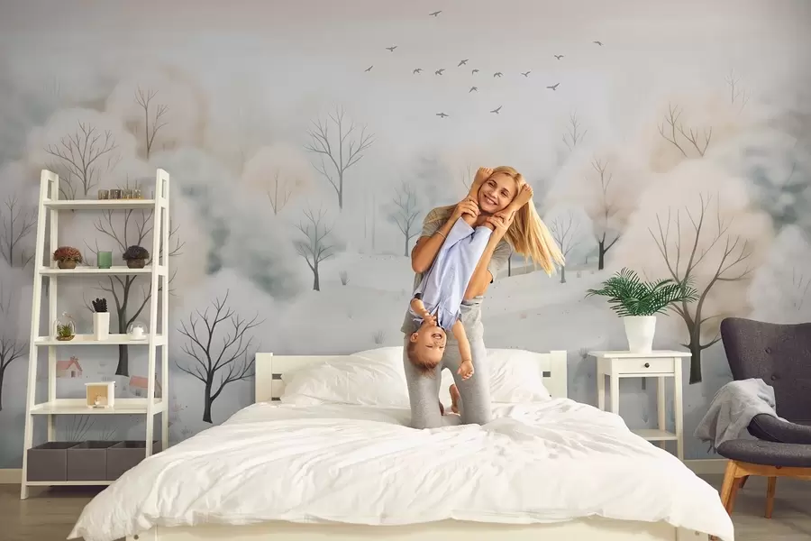 murales Bosque invernal con árboles, casitas, pájaros y nieve en estilo acuarela ligera w08815