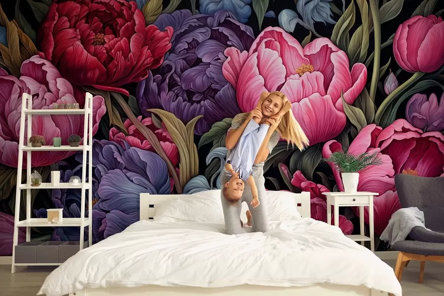 murales Tulipanes y peonías de estilo victoriano, en colores rosa y morado w08818