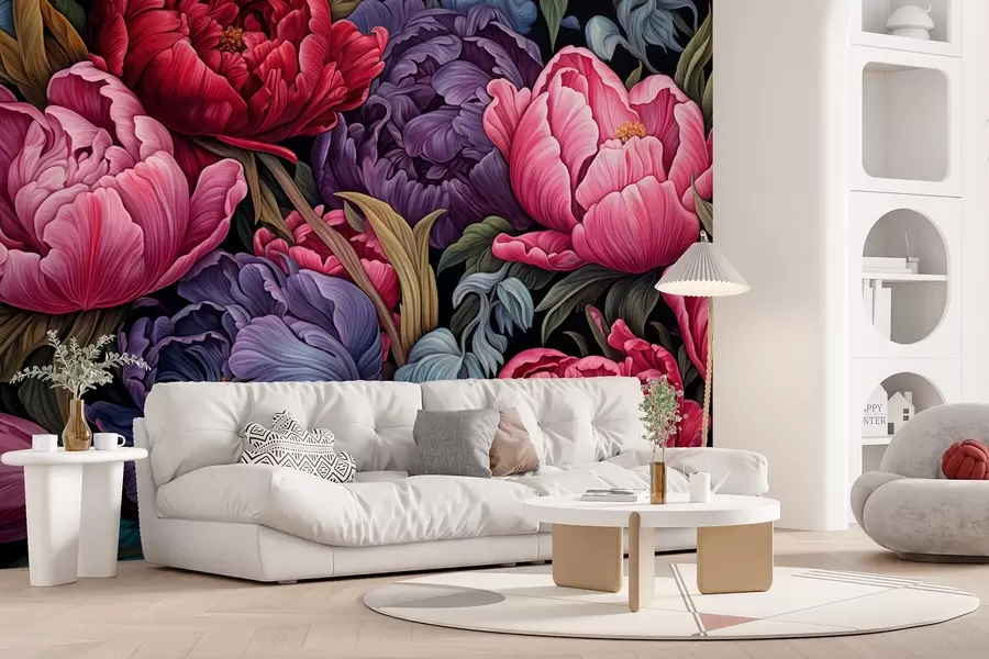 Wall Mural Photo Wallpaper Tulips and peonies in a Victorian style, in pink and purple colors w08818