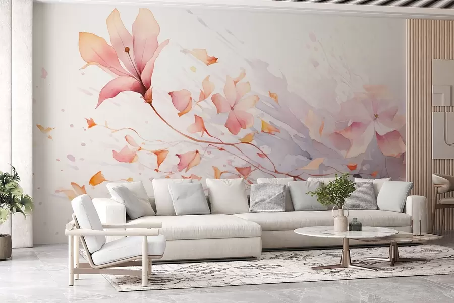 murales Una flor con pétalos que caen revoloteando al viento en estilo acuarela w08821