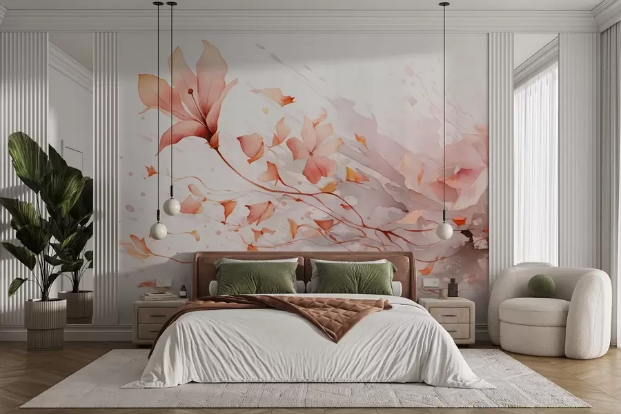 murales Una flor con pétalos que caen en estilo acuarela en tonos cálidos w08821v1