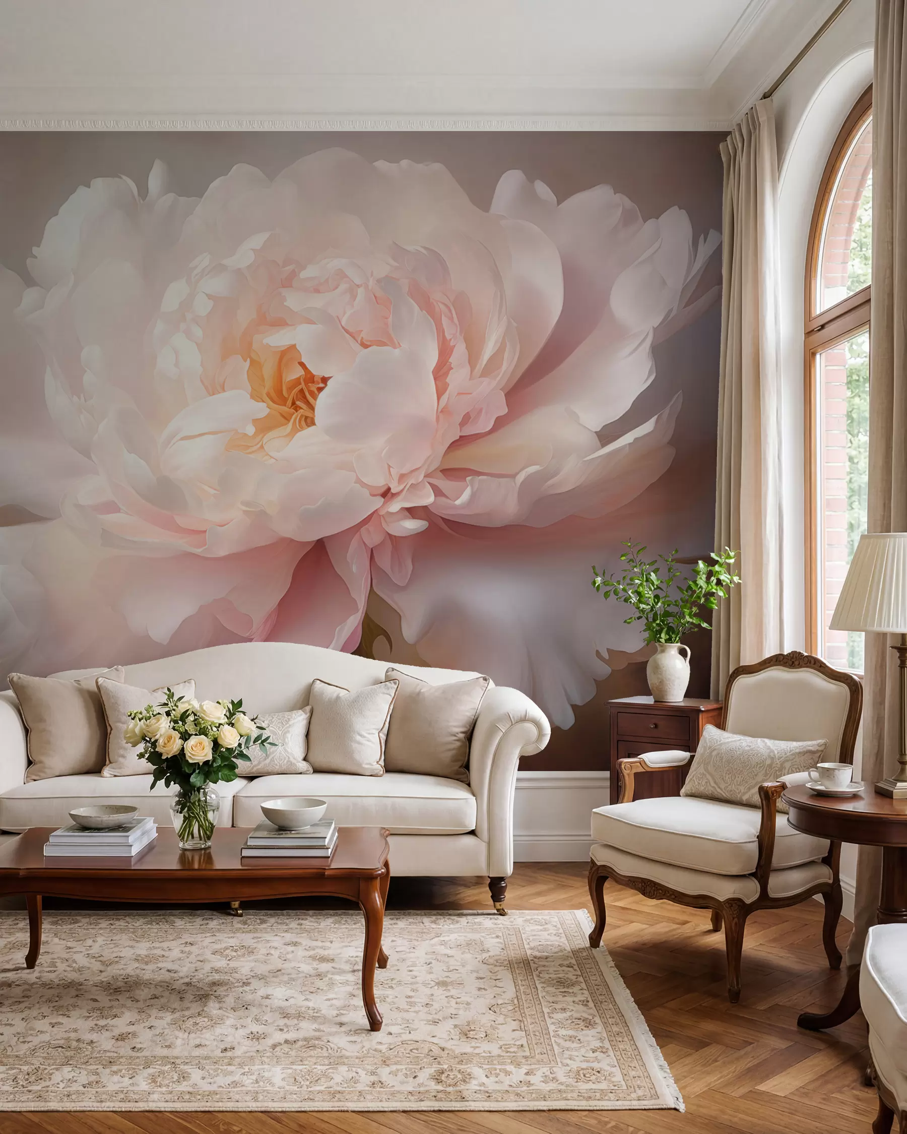 peintures murales Fleur de pivoine épanouie dans une palette de couleurs délicates w03247