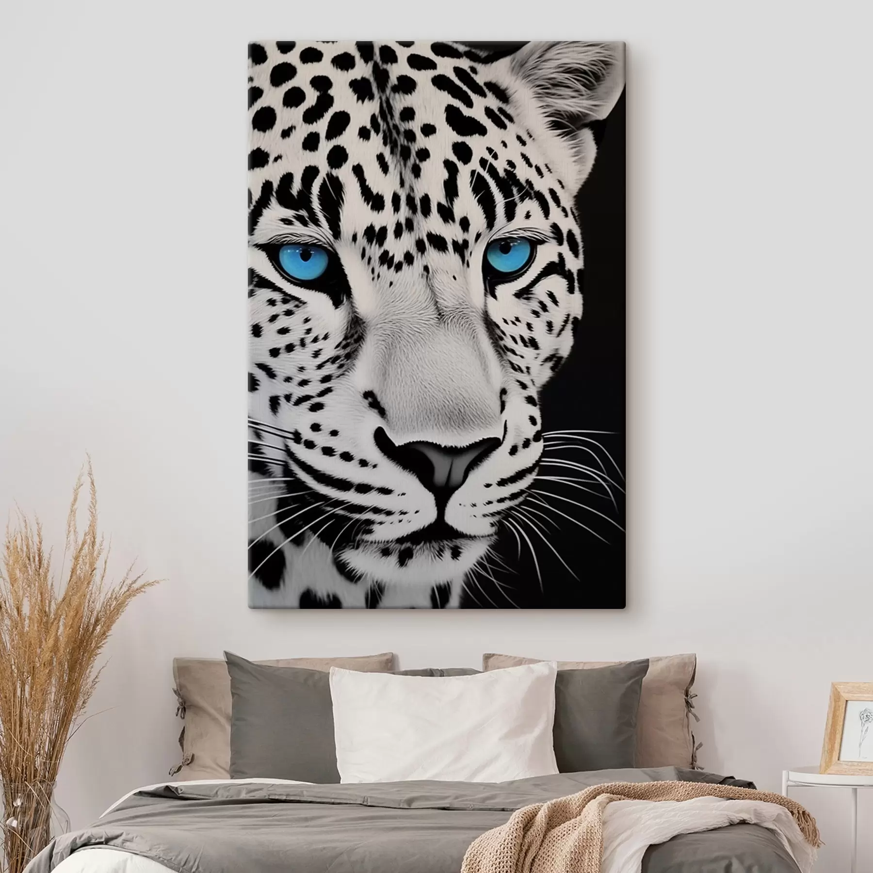 murales Retrato en blanco y negro de un leopardo con ojos azules s43008