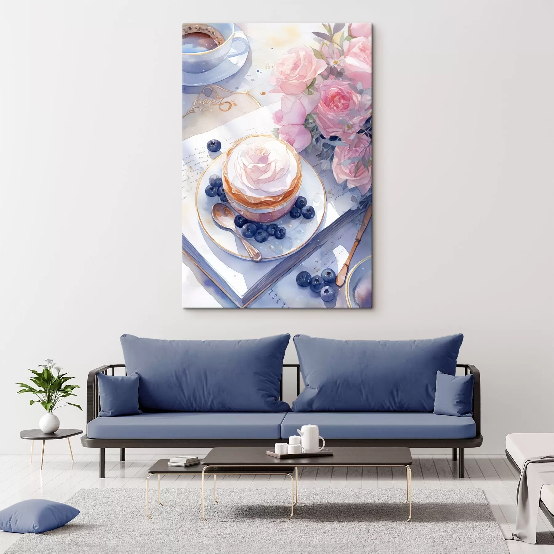 wall murals Blueberry cupcake, boho style, watercolor, pink roses, poetic  s43053