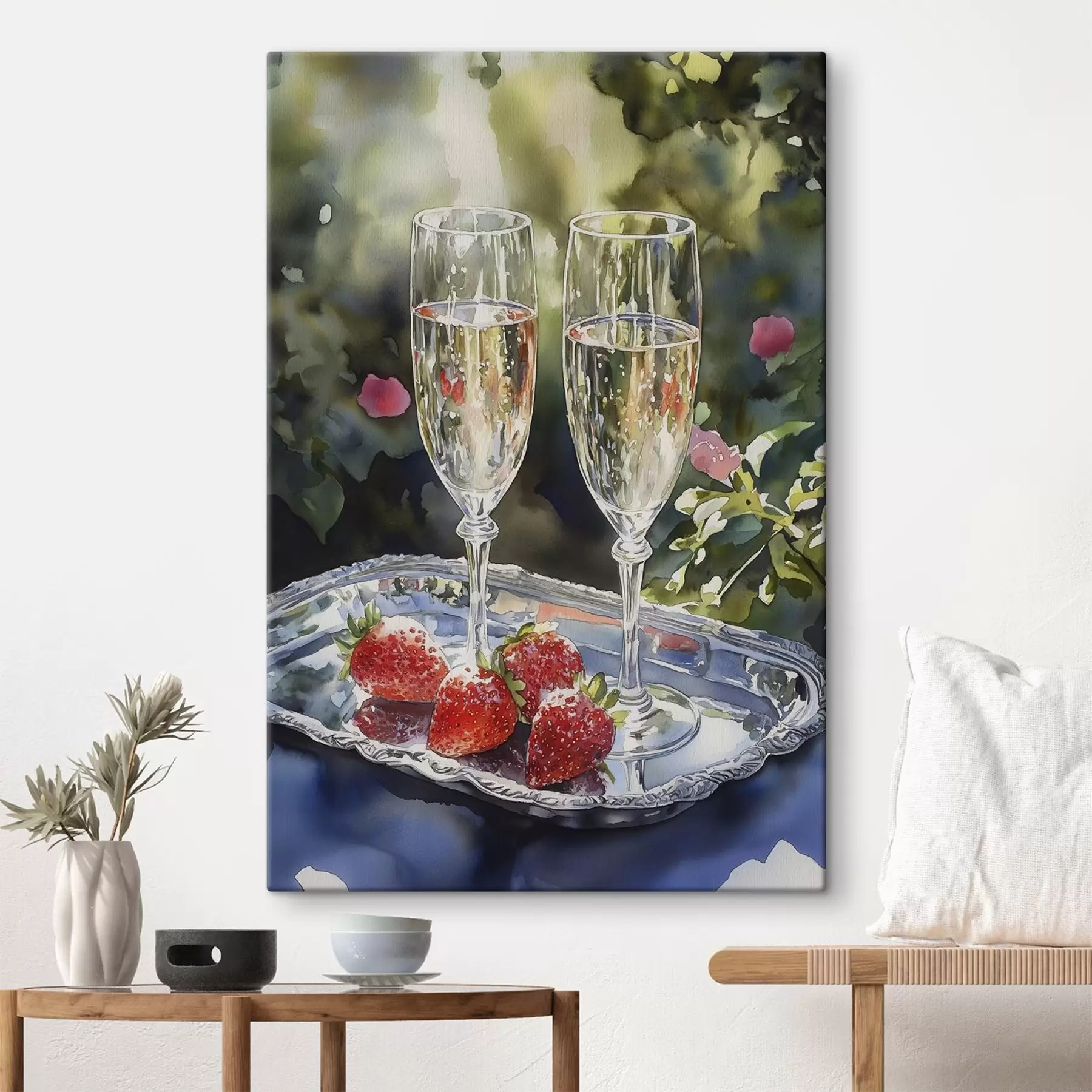 wall murals Festive and sparkling champagne glasses with strawberries on the tray s43057