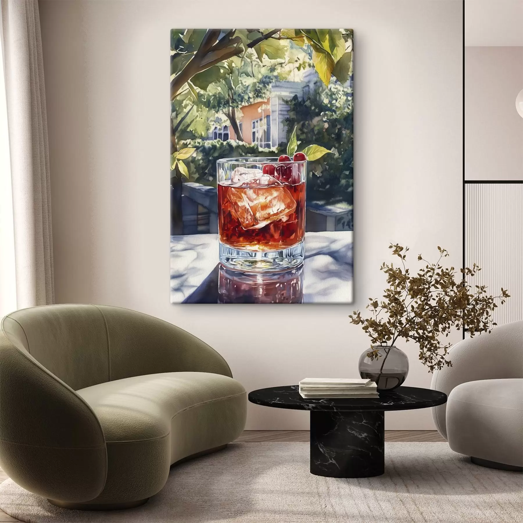 wall murals Cocktail with berries, watercolor style, aesthetic city, summer nature s43059