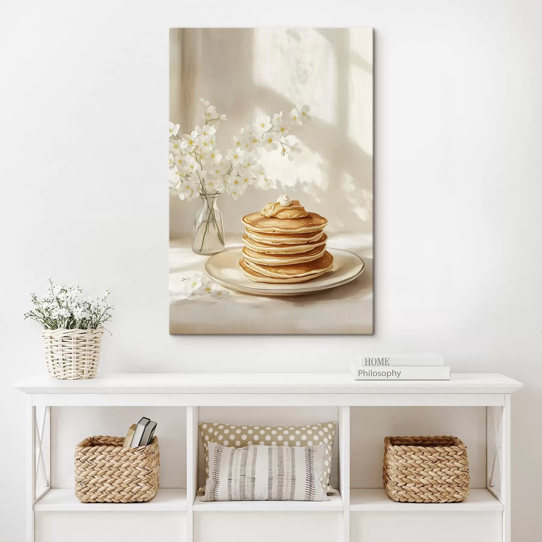 wall murals Delicious pancakes with peanut butter, watercolor style, vase with white flowers s43063