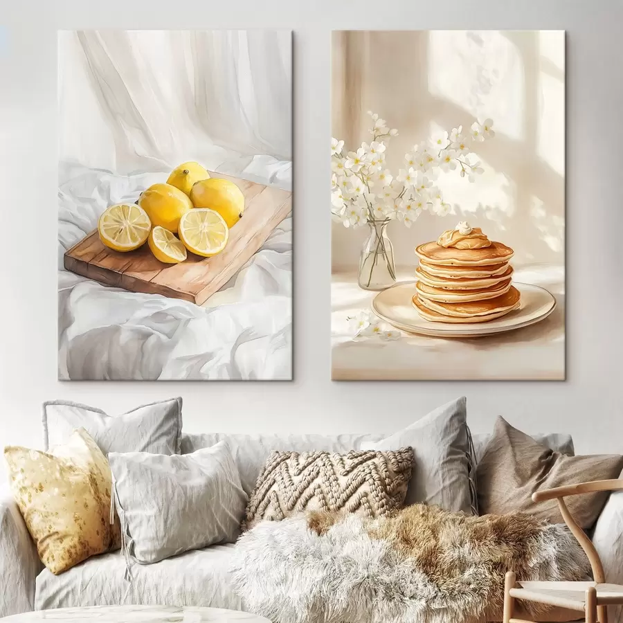 wall murals Pancakes with peanut butter, lemons on the wooden board, watercolor style m00416