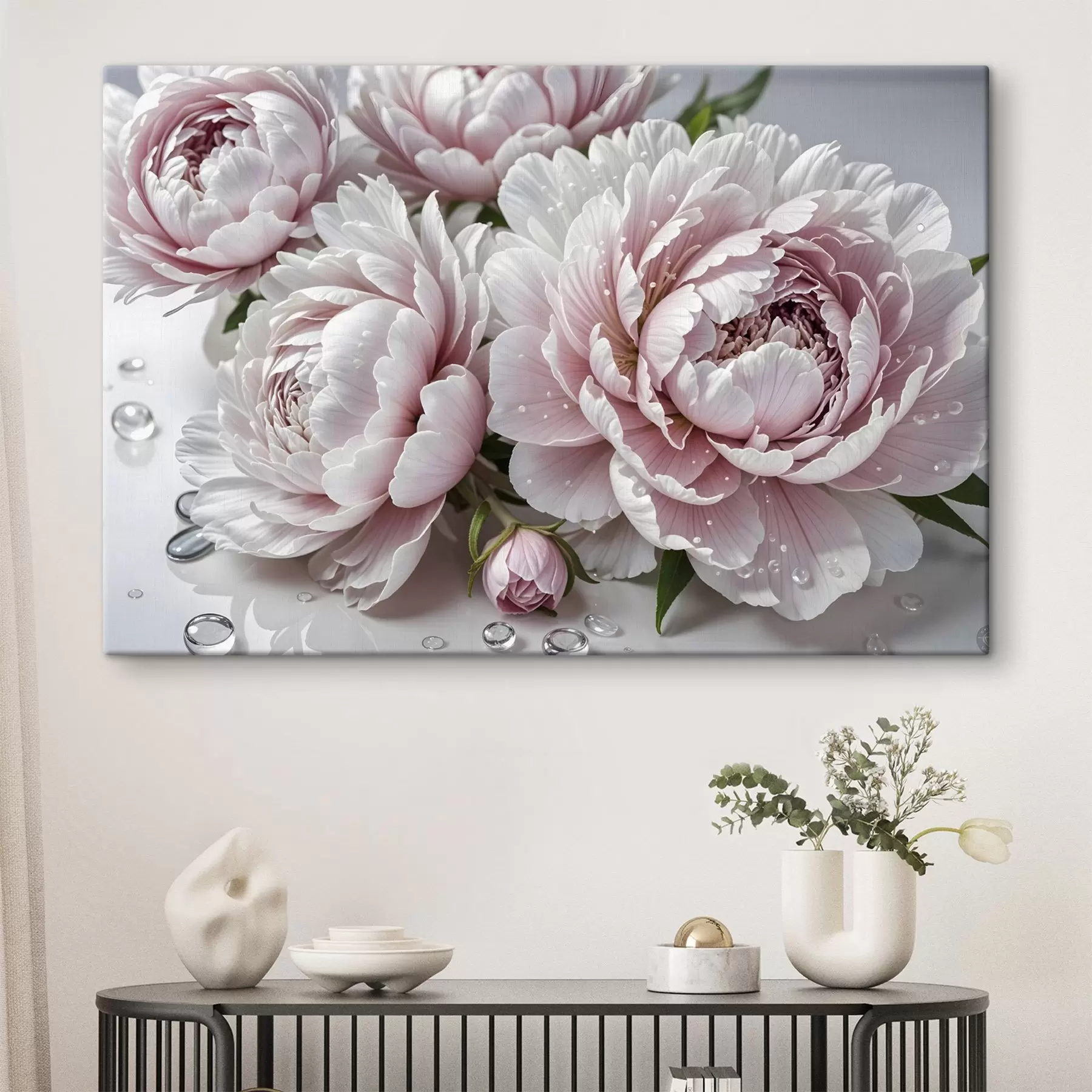 murales Peonías de color rosa claro y blanco con gotas de agua en los pétalos, el fondo es una superficie blanca s43158