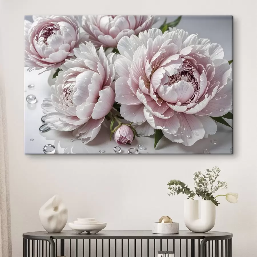 wall murals Light pink and white peonies with water droplets on the petals, the background is a white surface s43158