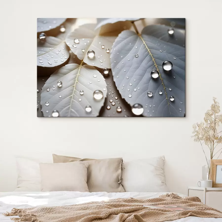 murales Primer plano de hojas blancas cubiertas de gotas de agua, una composición minimalista, fondo neutro s43159