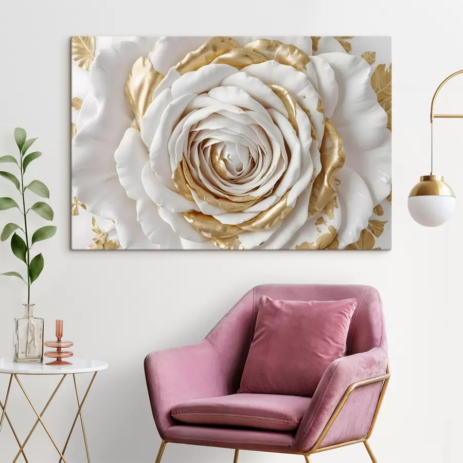 murales Una rosa decorativa minimalista blanca con detalles amarillos, los pétalos están en capas y rizados s43160