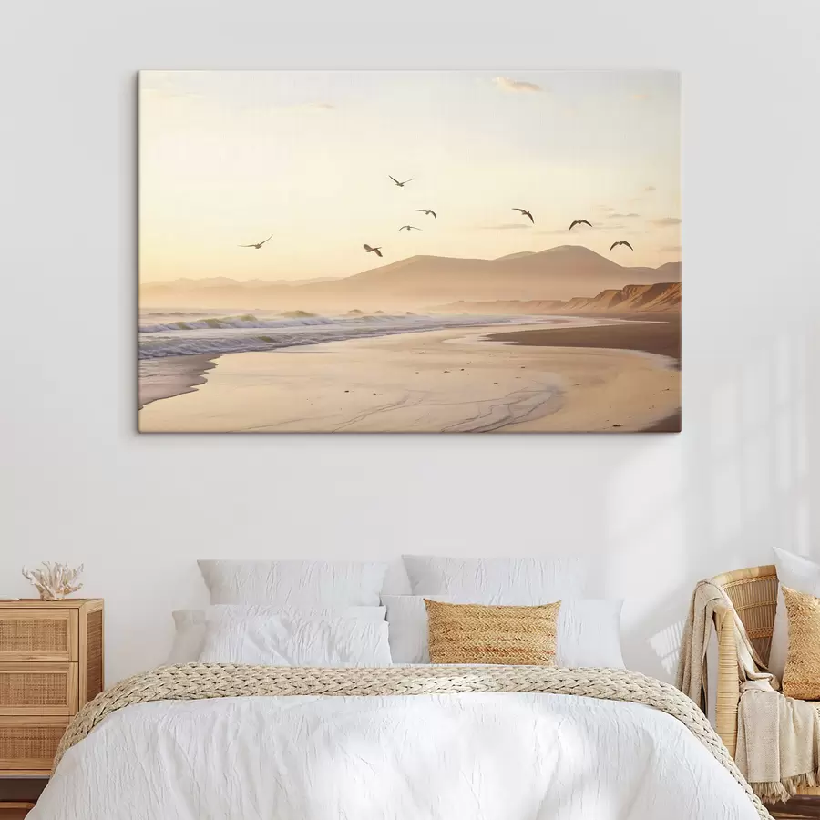 wall murals Birds flying over the beach with ocean, mountains in the background, warm colors, soft pastel pallette  s43162