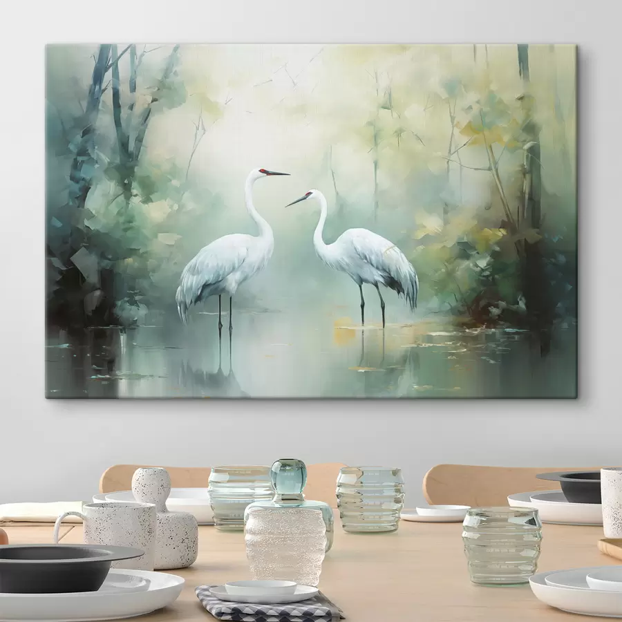 wall murals Two white cranes standing in a pond , surrounded by a lush green forest with soft, diffused lighting s43166
