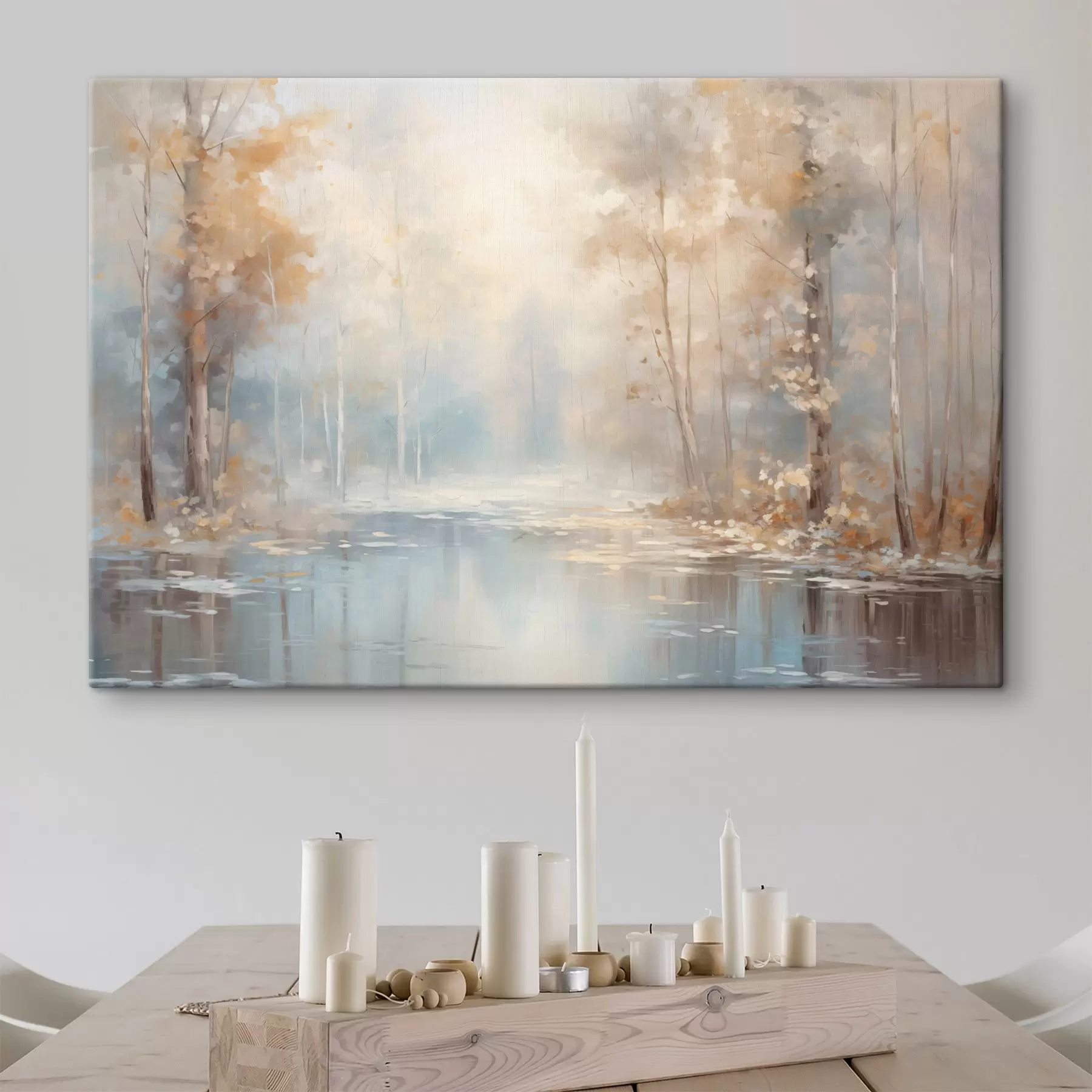 wall murals Landscape oil painting imitation of a calm river reflecting the soft light, surrounded by autumn trees s43167