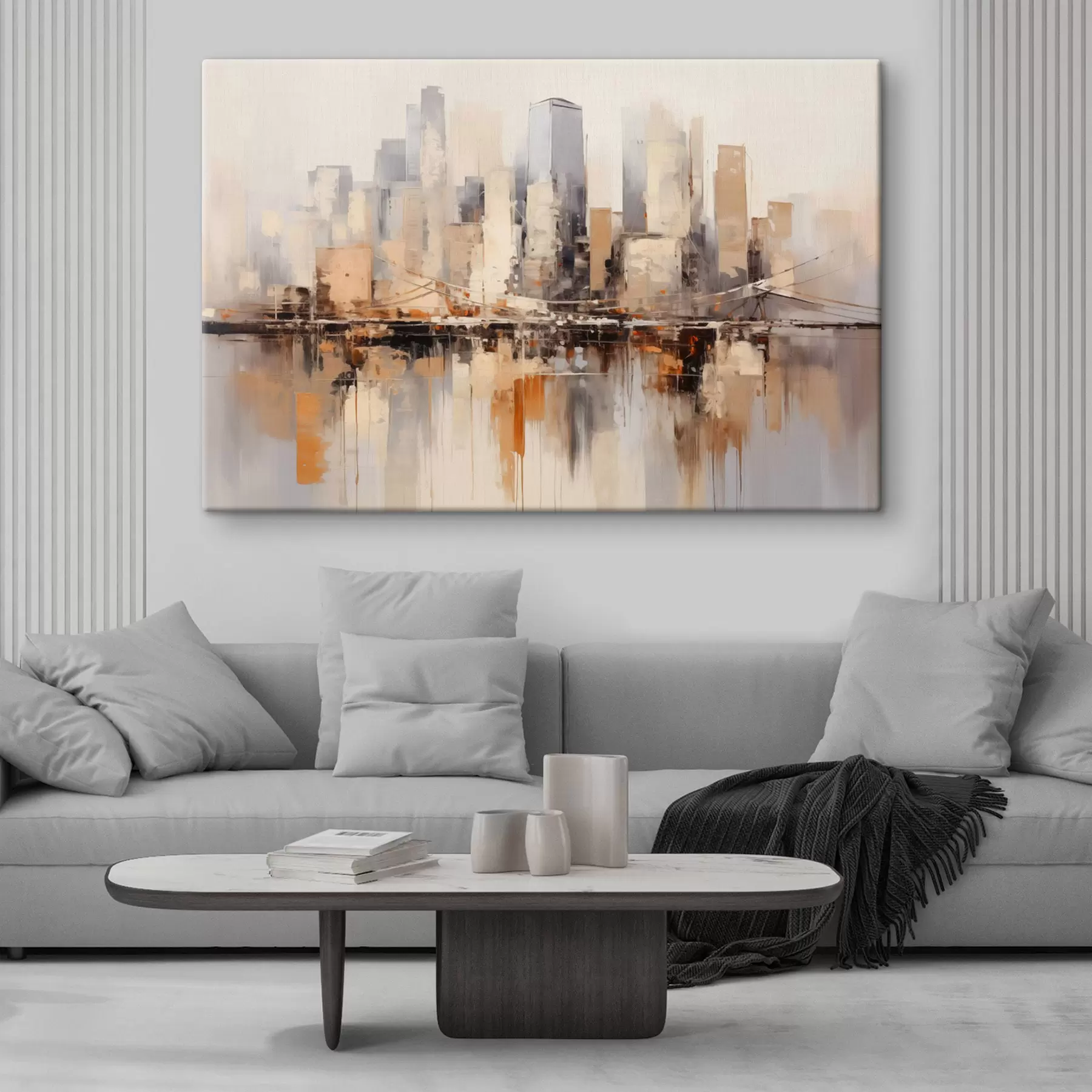 wall murals Abstract cityscape painting with tall buildings in shades of brown, gray, and white , reflected in the water below  s43168