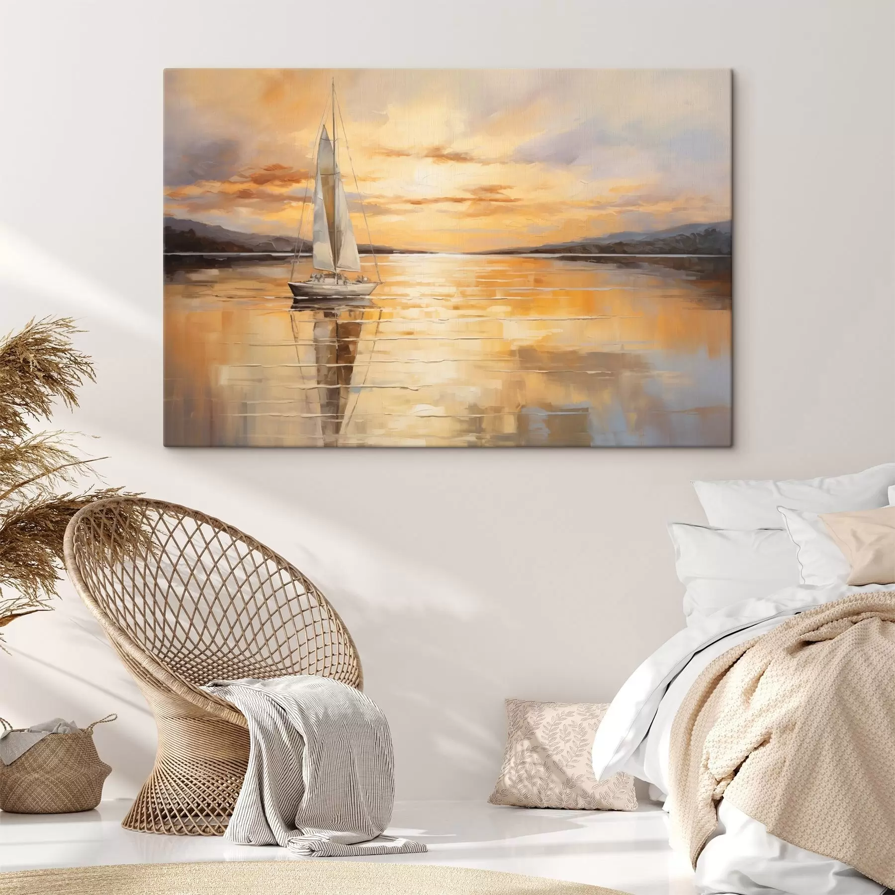 wall murals Landscape painting with a sailboat on a calm sea, orange and yellow sky, distant mountains s43169